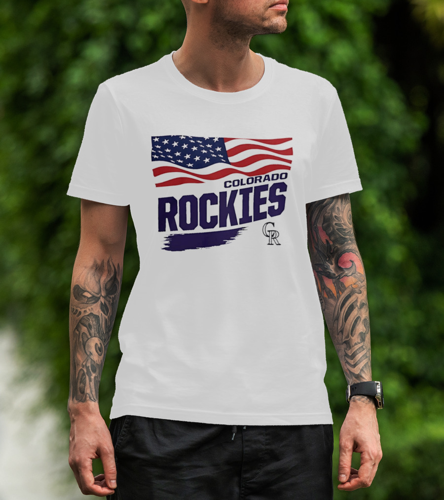 Colorado Rockies MLB American Flag Brush Stroke Waving T-Shirt