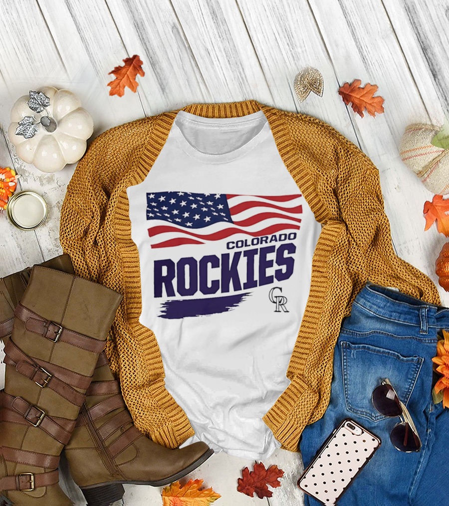 Colorado Rockies MLB American Flag Brush Stroke Waving T-Shirt