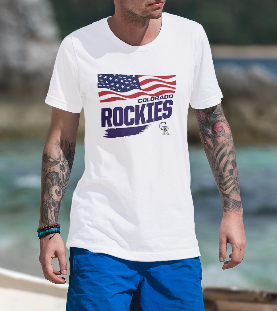 Colorado Rockies MLB American Flag Brush Stroke Waving T-Shirt