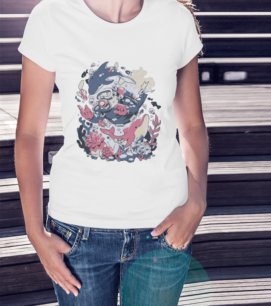 Fangamer Dolphins Dive Underwater Adventure With Diver And Marine Life T-Shirt
