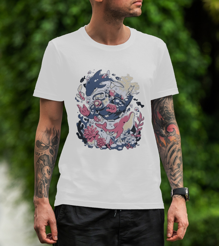 Fangamer Dolphins Dive Underwater Adventure With Diver And Marine Life T-Shirt