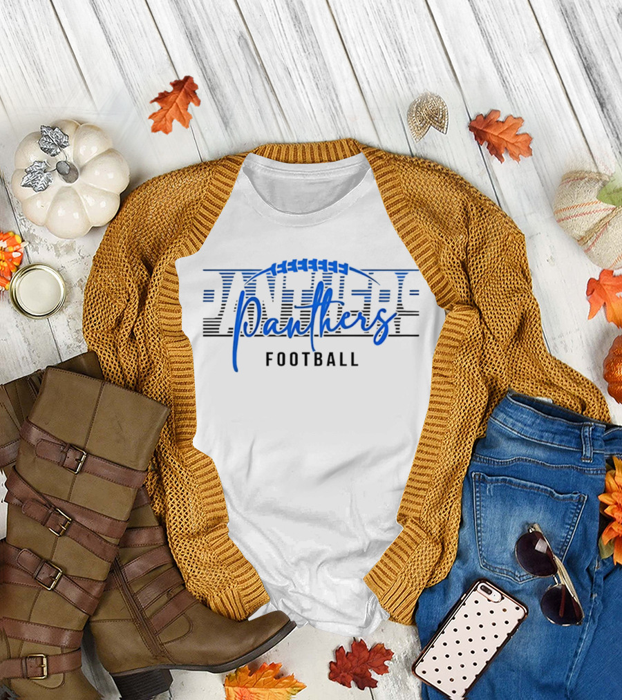 Panthers Football Blue Script Striped Laces Football T-Shirt