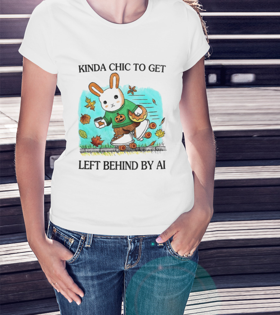 Kinda Chic Rabbit Roller Skating With Pumpkin Happy Fall Leaves Left Behind By AI T-Shirt