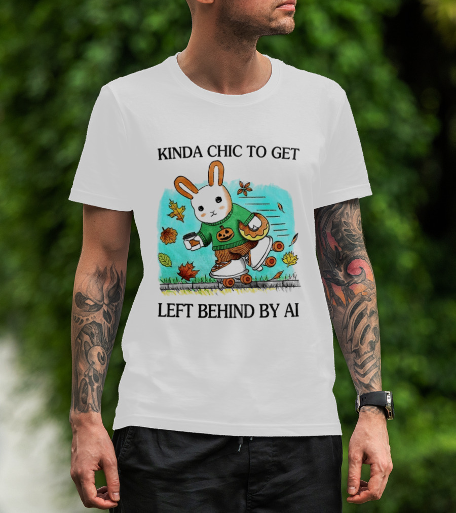 Kinda Chic Rabbit Roller Skating With Pumpkin Happy Fall Leaves Left Behind By AI T-Shirt