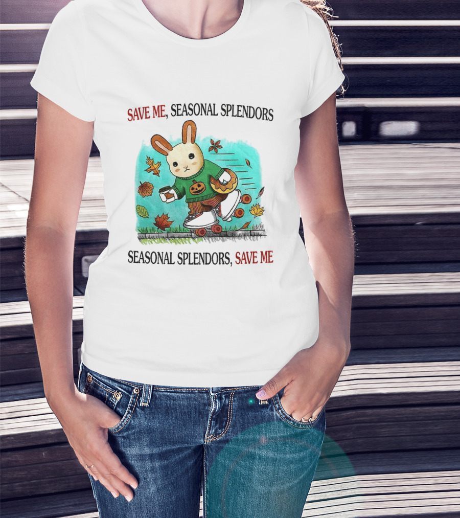 Skater Rabbit With Coffee And Donut Save Me Seasonal Splendors Leaves T-Shirt
