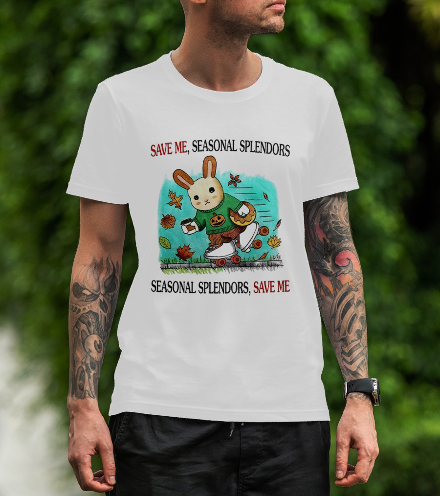 Skater Rabbit With Coffee And Donut Save Me Seasonal Splendors Leaves T-Shirt
