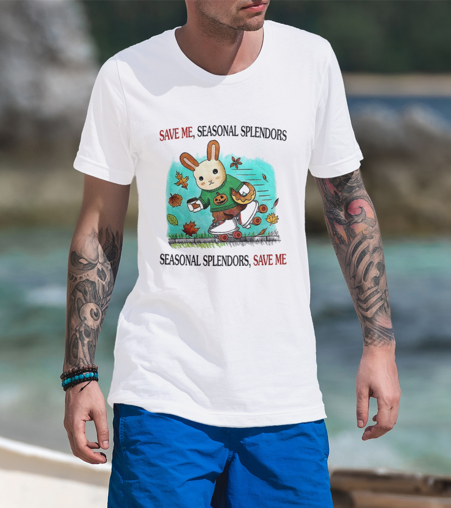 Skater Rabbit With Coffee And Donut Save Me Seasonal Splendors Leaves T-Shirt