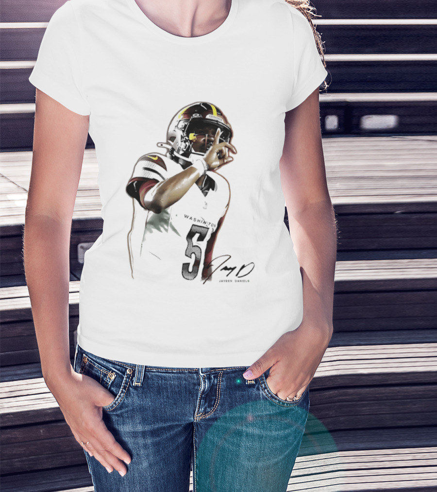 Washington Commanders Jayden Daniels Quarterback Finger To Lips Photo Cutout T-Shirt