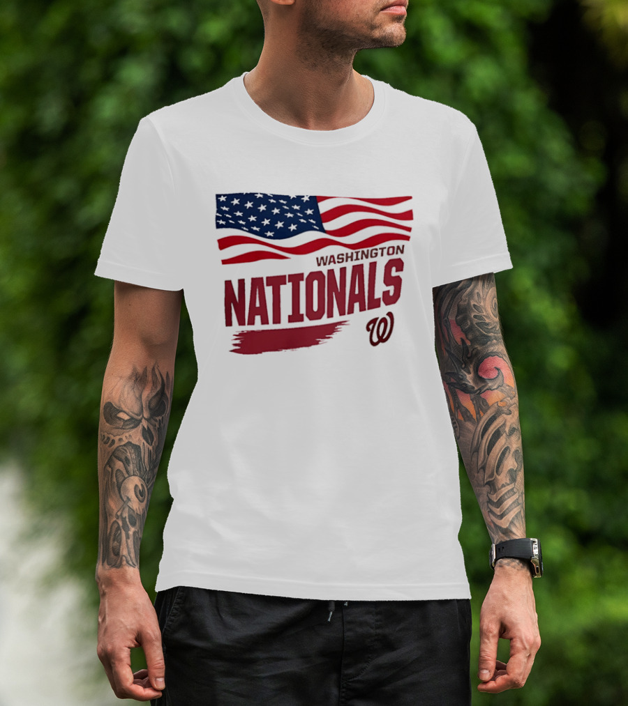 Washington Nationals Waving American Flag Red Brushstroke MLB T-Shirt