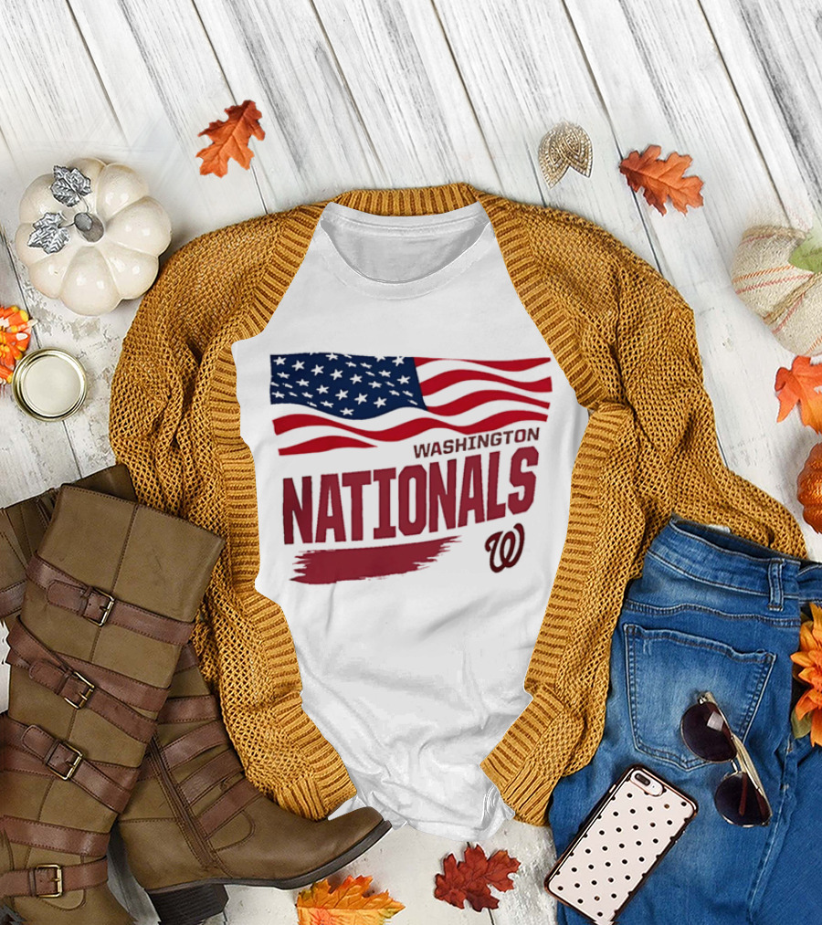 Washington Nationals Waving American Flag Red Brushstroke MLB T-Shirt