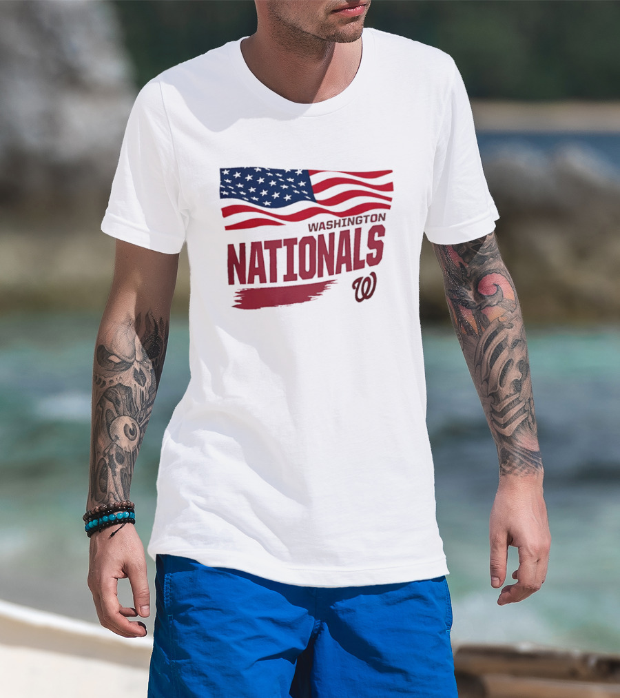 Washington Nationals Waving American Flag Red Brushstroke MLB T-Shirt