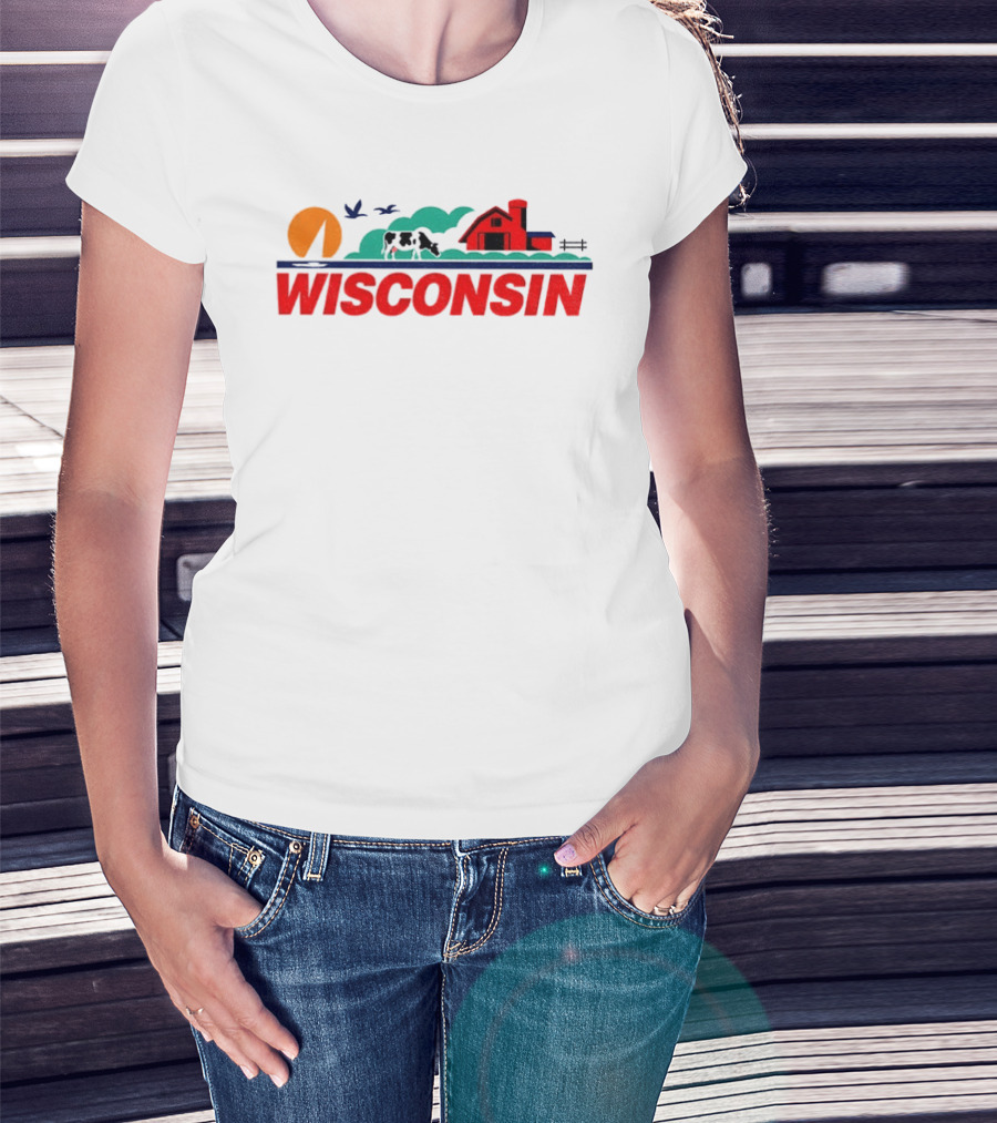Wisconsin Dairy Cow Barn Sunset Landscape T-Shirt