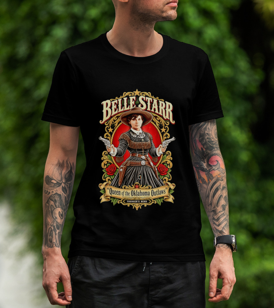 Belle Starr Queen Of The Oklahoma Outlaws Younger's Bend Roses Gunslinger T-Shirt