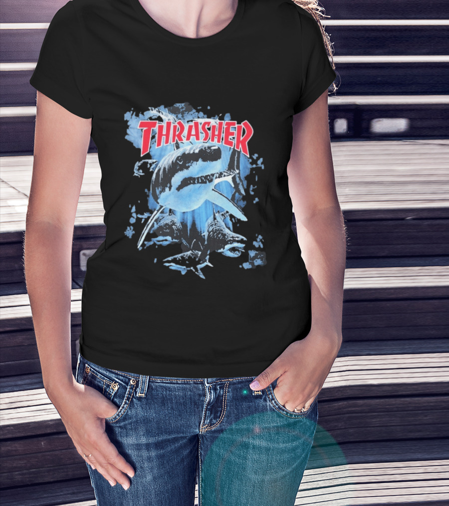 Thrasher Shark Blue Print Skateboarding T-Shirt
