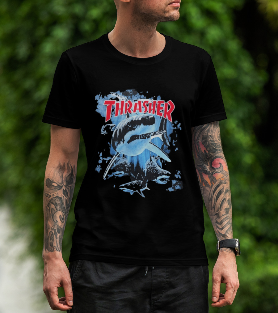 Thrasher Shark Blue Print Skateboarding T-Shirt