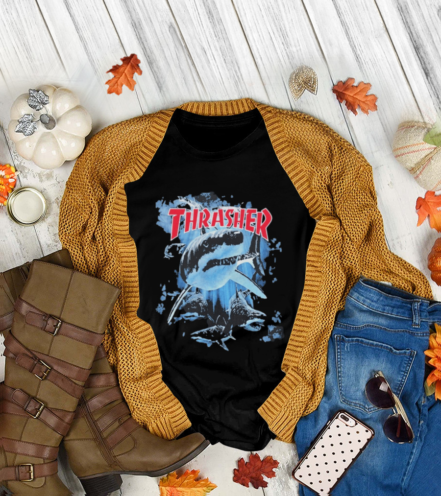 Thrasher Shark Blue Print Skateboarding T-Shirt