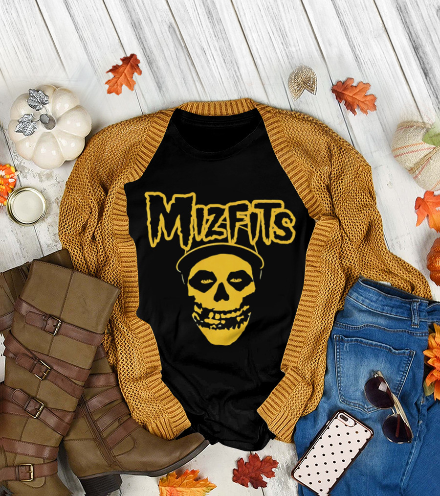 Mizfits Yellow Dripping Horror Font Skull In Baseball Cap T-Shirt