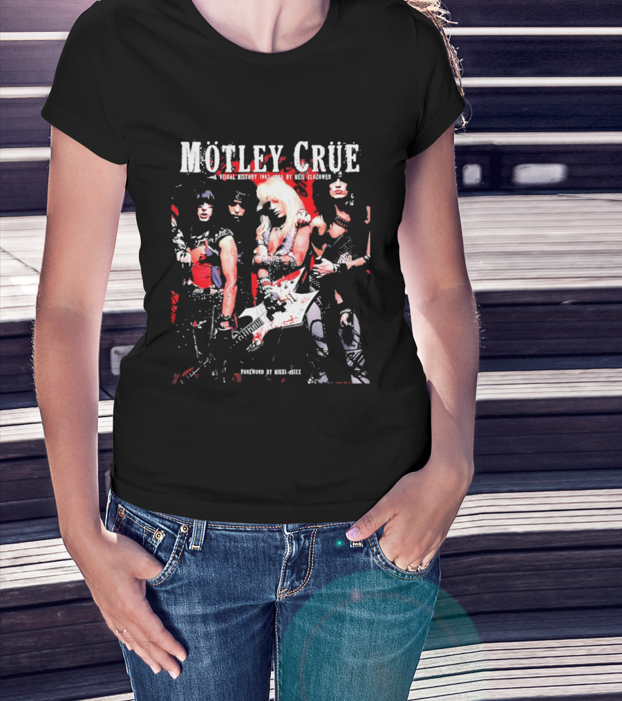 Motley Crue Visual History 1983 2005 Neil Zlozower Nikki Sixx Band Photo White Guitar T-Shirt