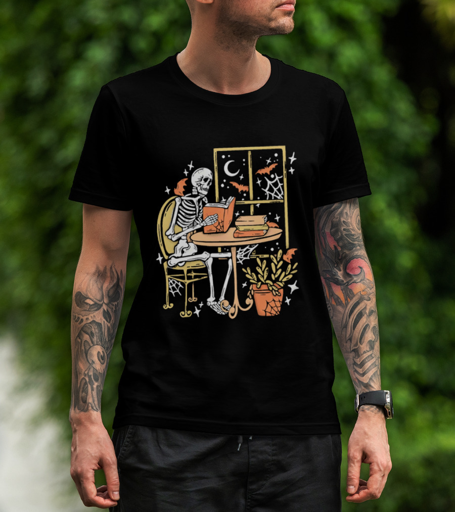 Cartoon Skeleton Reading Under Crescent Moon With Bats Orange Book Table Window T-Shirt