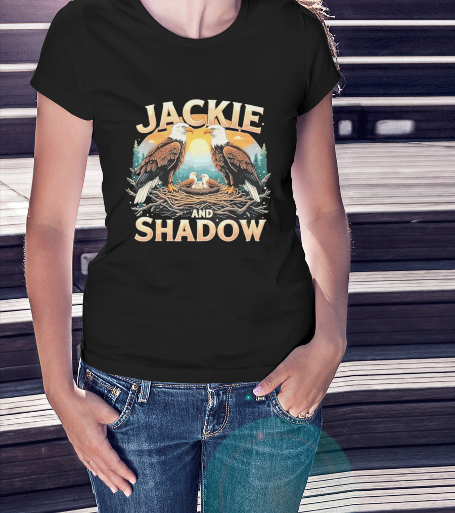 Jackie And Shadow American Eagles Family In Nest With Mountains And Sun T-Shirt
