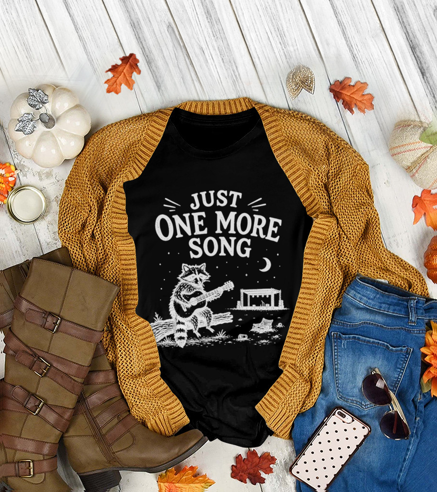 Just One More Song Raccoon Playing Guitar Under Moon And Stars T-Shirt