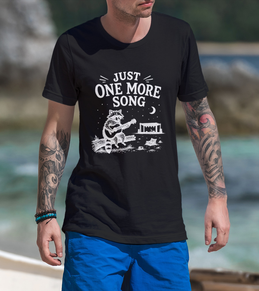 Just One More Song Raccoon Playing Guitar Under Moon And Stars T-Shirt