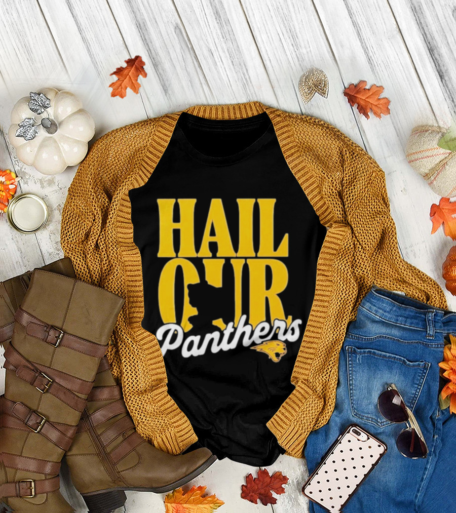 Hail Our Panthers Yellow Text With Panther Head T-Shirt