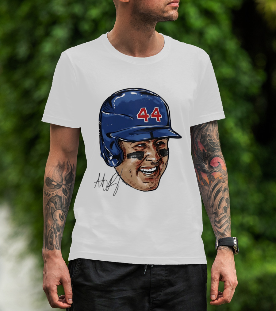 Anthony Rizzo 44 Blue Helmet Halftone Caricature T-Shirt