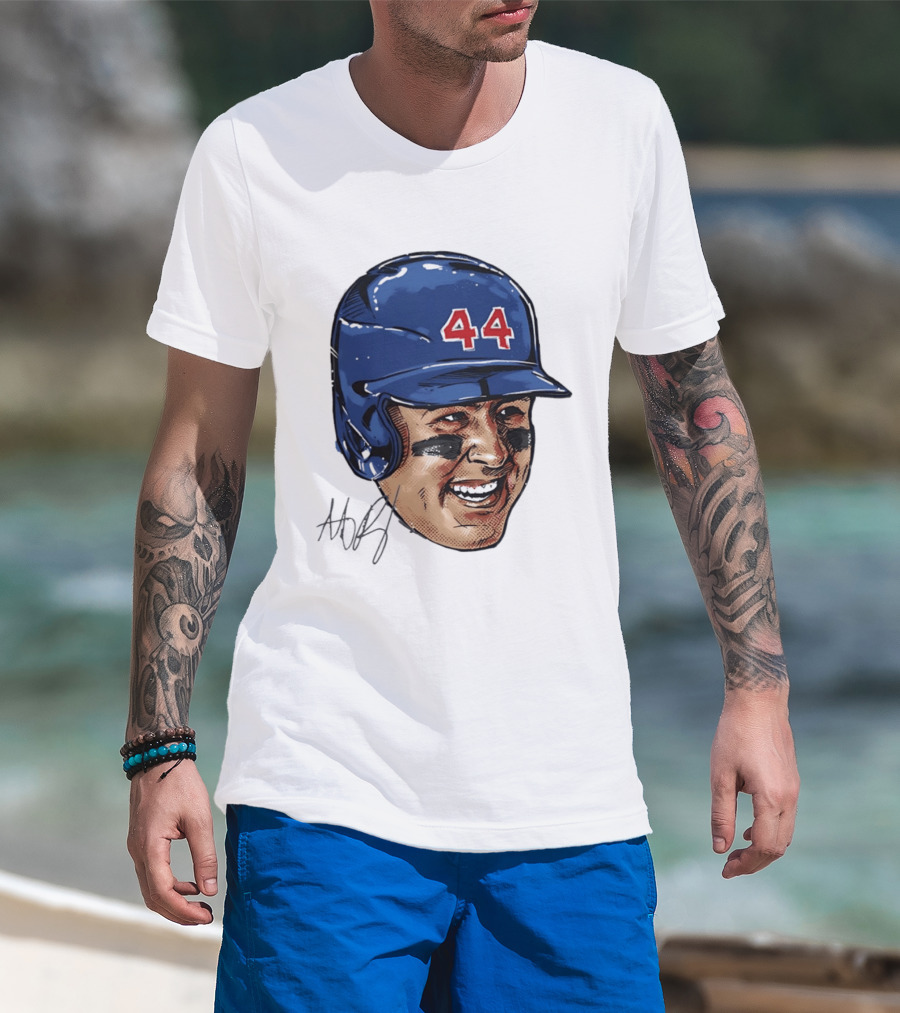 Anthony Rizzo 44 Blue Helmet Halftone Caricature T-Shirt
