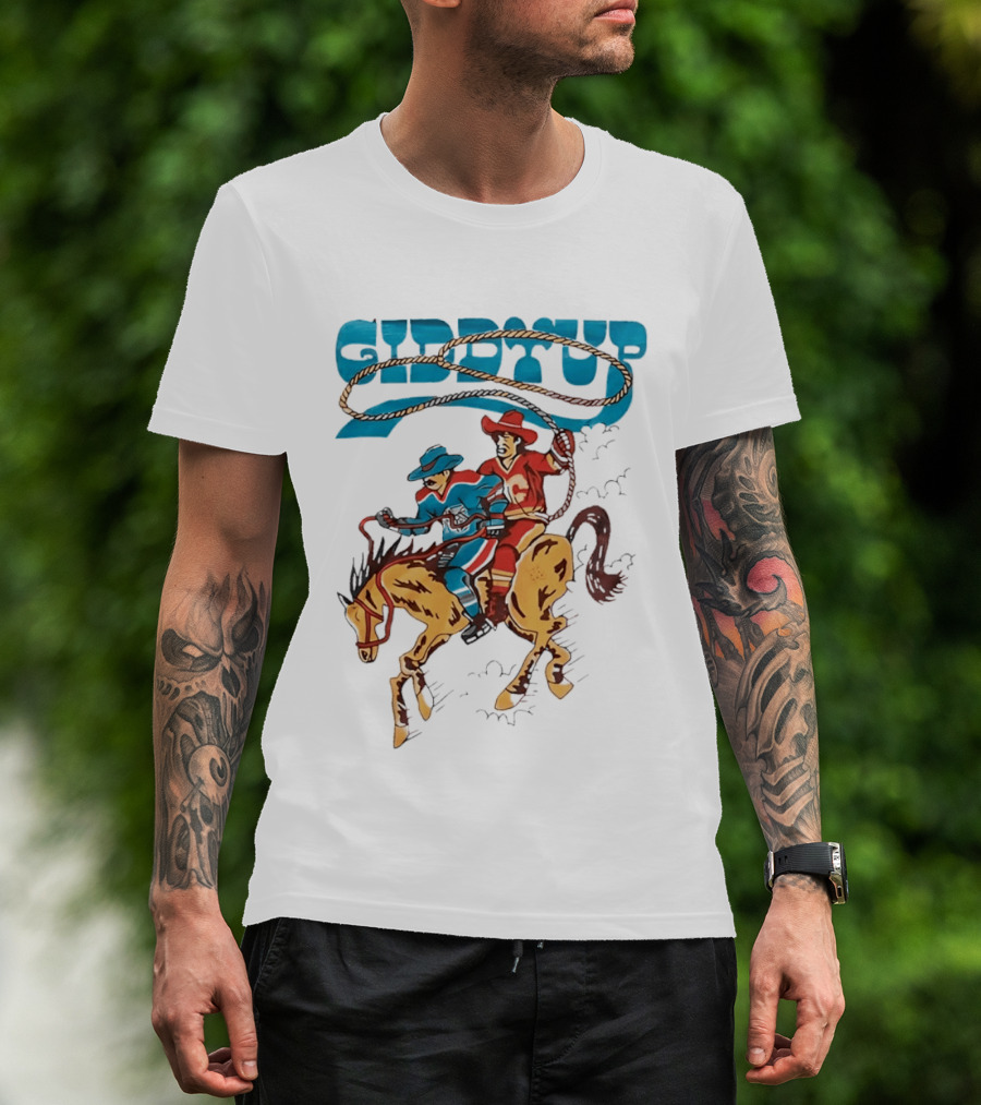 Calgary Flames Edmonton Oilers NHL Hockey Players Giddyup Cartoon Riding Bucking Horse Lasso T-Shirt