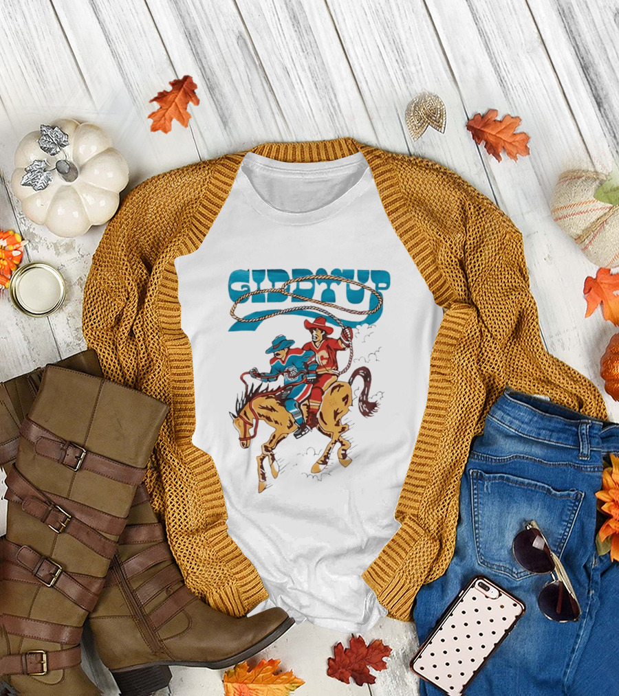 Calgary Flames Edmonton Oilers NHL Hockey Players Giddyup Cartoon Riding Bucking Horse Lasso T-Shirt