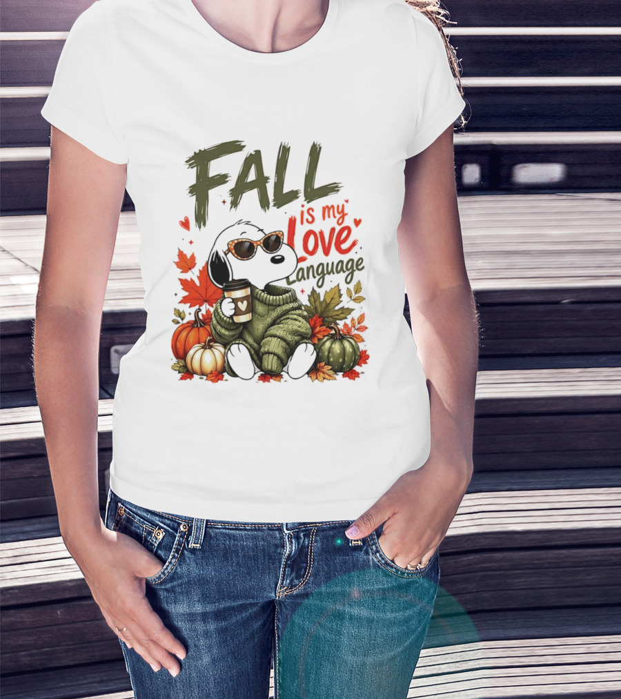 Fall Is My Love Language Cartoon Dog Cozy Green Sweater Pumpkins Leaves Coffee T-Shirt