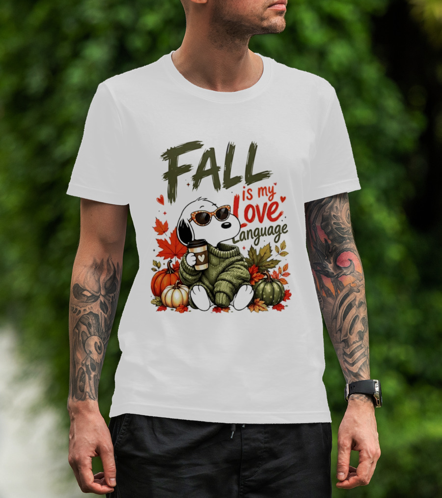 Fall Is My Love Language Cartoon Dog Cozy Green Sweater Pumpkins Leaves Coffee T-Shirt