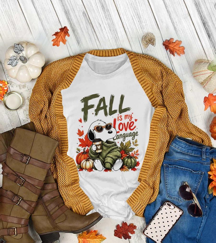 Fall Is My Love Language Cartoon Dog Cozy Green Sweater Pumpkins Leaves Coffee T-Shirt