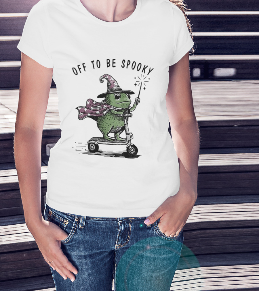 Frog Wizard On Scooter With Cape Off To Be Spooky Magic Wand T-Shirt