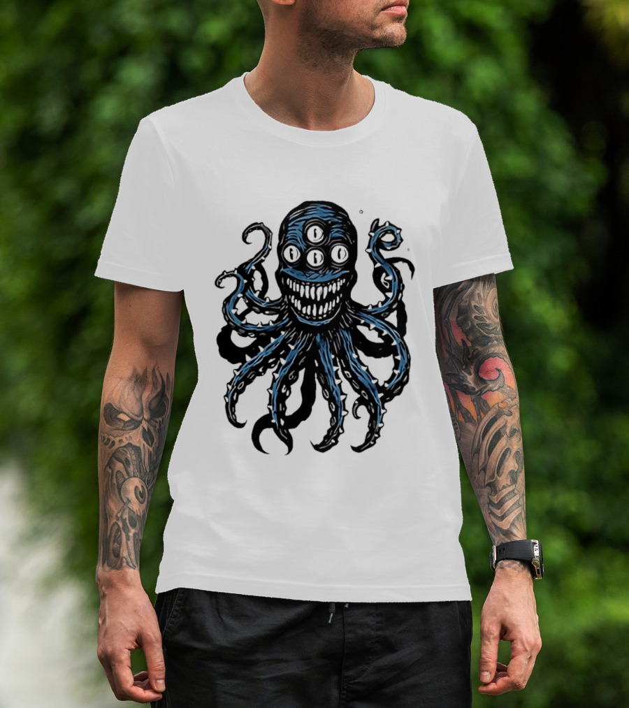Monstrous Spiky Tentacles Blue Octopus Woodcut T-Shirt