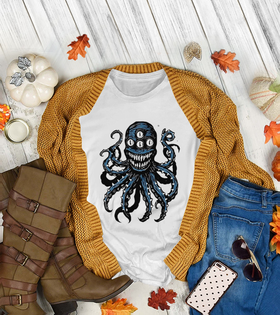 Monstrous Spiky Tentacles Blue Octopus Woodcut T-Shirt