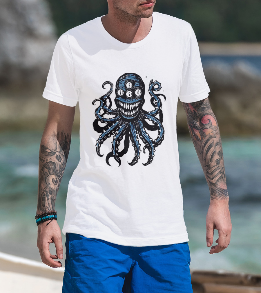 Monstrous Spiky Tentacles Blue Octopus Woodcut T-Shirt