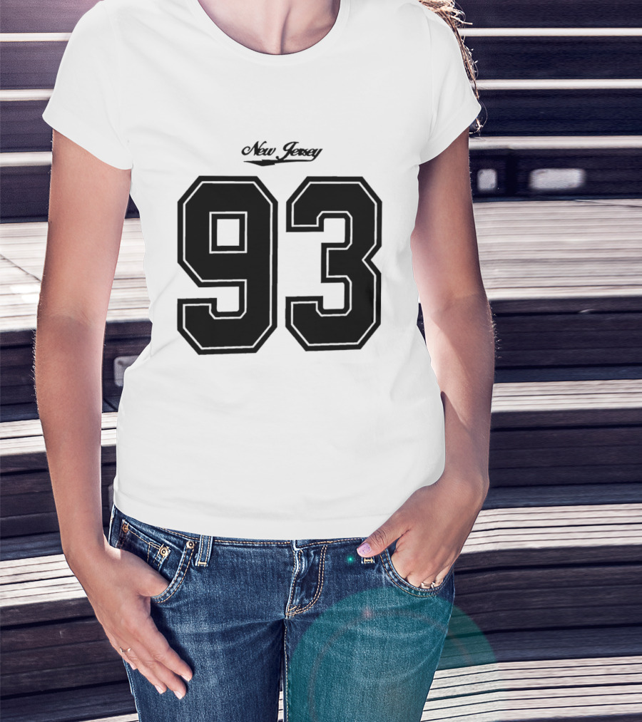 New Jersey 93 Cursive Script Black Varsity Block Number T-Shirt