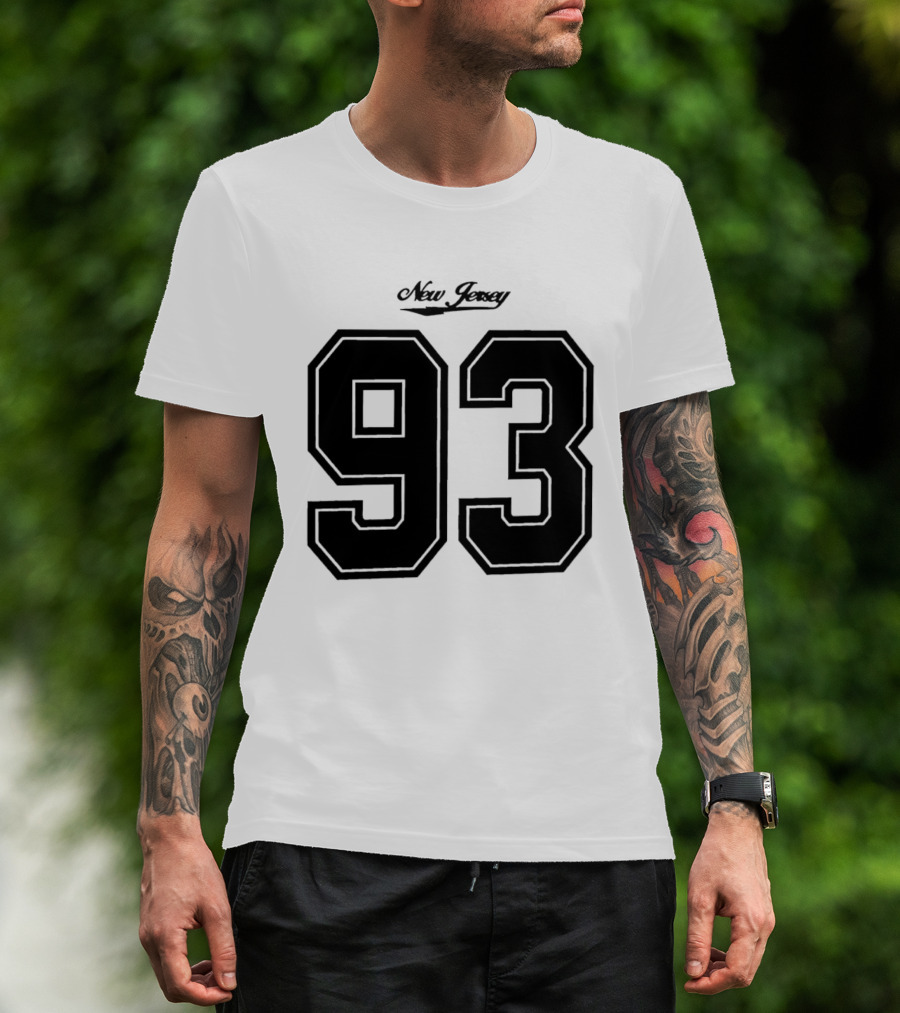 New Jersey 93 Cursive Script Black Varsity Block Number T-Shirt