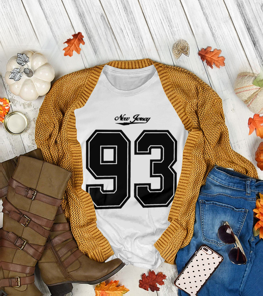 New Jersey 93 Cursive Script Black Varsity Block Number T-Shirt