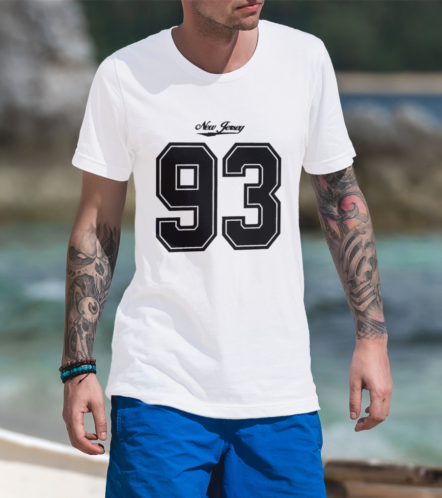 New Jersey 93 Cursive Script Black Varsity Block Number T-Shirt