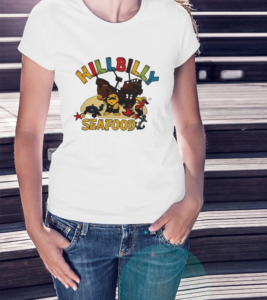 Hillbilly Seafood Cartoon Pirate Ship And Ocean Life Fish Adventure T-Shirt
