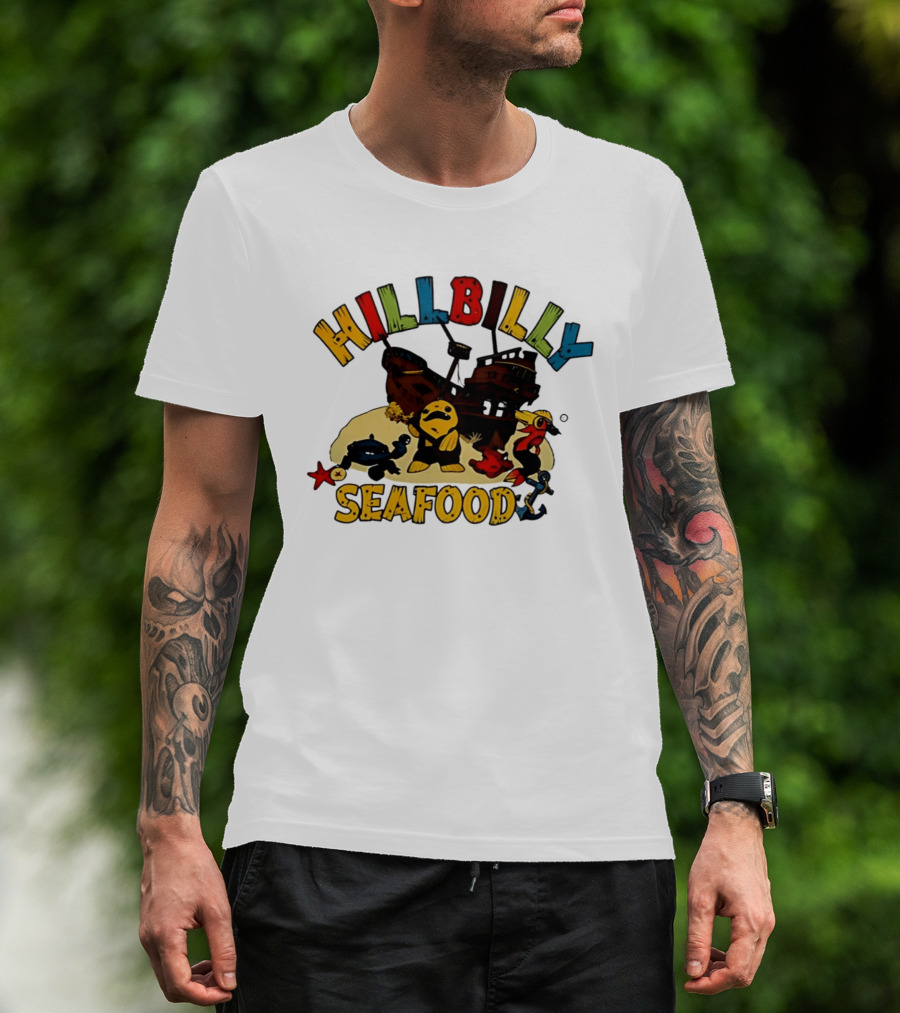 Hillbilly Seafood Cartoon Pirate Ship And Ocean Life Fish Adventure T-Shirt