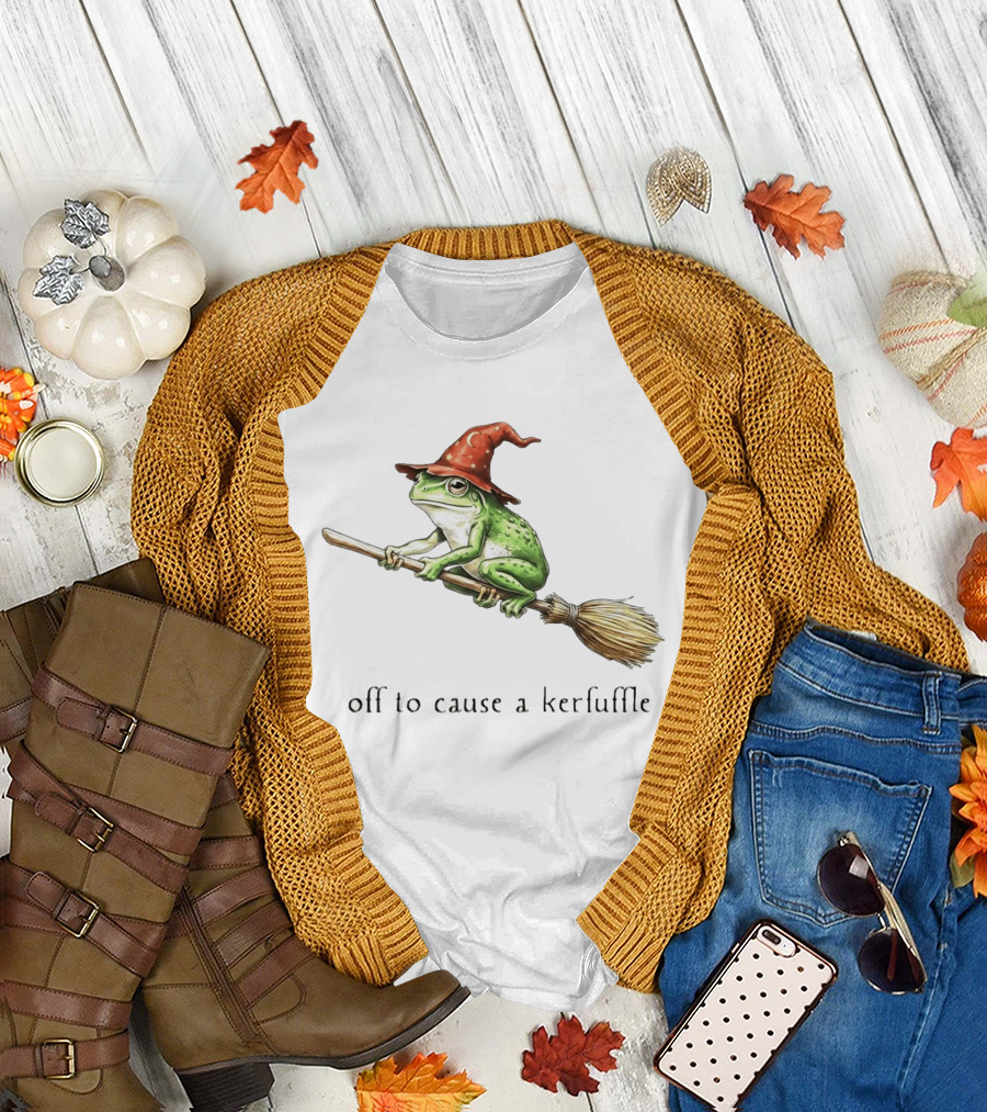 Off To Cause A Kerfuffle Frog Wizard Hat Broomstick Adventure T-Shirt