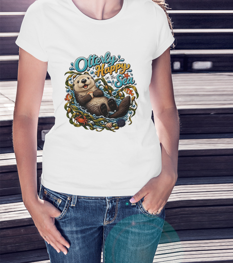 Otterly Happy In The Sea Cartoon Otter Floating With Kelp, Shell, Fish, Crab T-Shirt