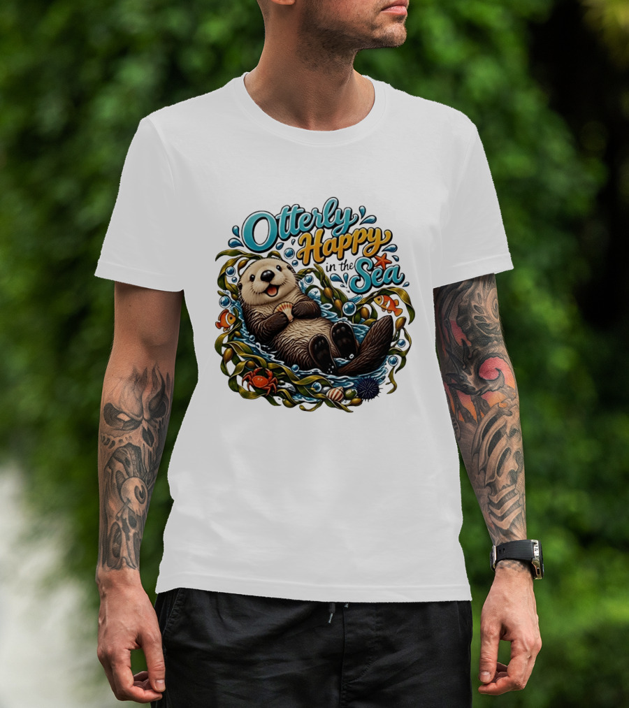 Otterly Happy In The Sea Cartoon Otter Floating With Kelp, Shell, Fish, Crab T-Shirt