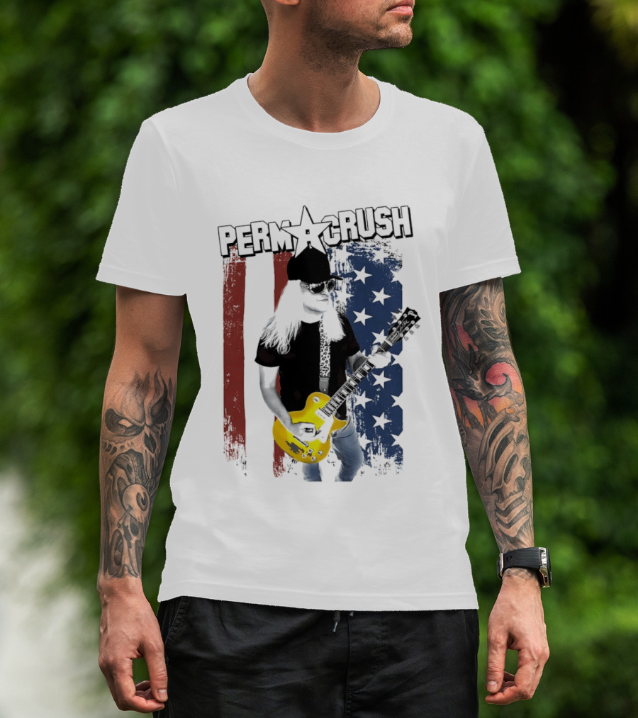 Perm A Crush Long Blonde Hair Yellow Guitar American Flag T-Shirt