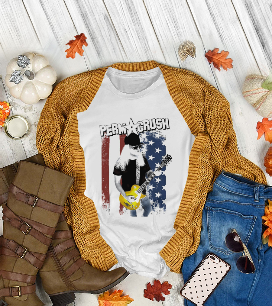 Perm A Crush Long Blonde Hair Yellow Guitar American Flag T-Shirt