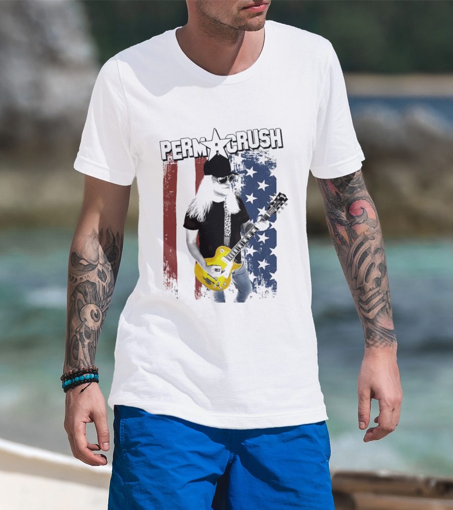 Perm A Crush Long Blonde Hair Yellow Guitar American Flag T-Shirt
